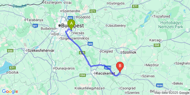 Map: Budapest Airport (BUD), Ferihegy, Liszt Ferenc to Tiszainoka