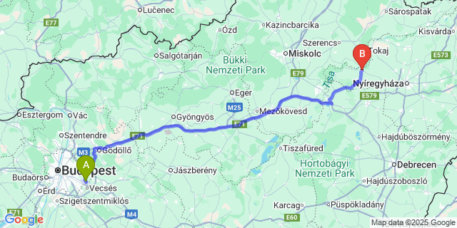 Map: Budapest Airport (BUD), Ferihegy, Liszt Ferenc to Tiszalök
