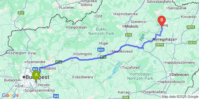 Map: Budapest Airport (BUD), Ferihegy, Liszt Ferenc to Tiszanagyfalu