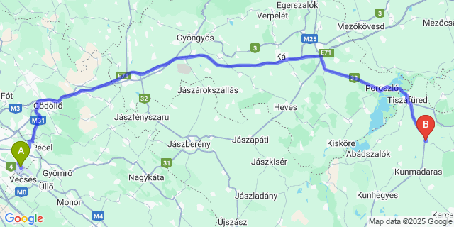 Map: Budapest Airport (BUD), Ferihegy, Liszt Ferenc to Tiszaörs