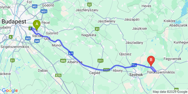 Map: Budapest Airport (BUD), Ferihegy, Liszt Ferenc to Tiszapüspöki