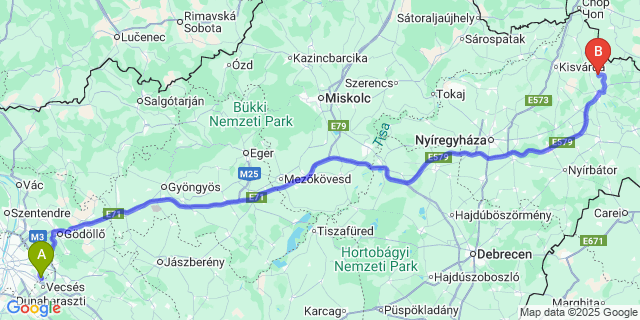 Map: Budapest Airport (BUD), Ferihegy, Liszt Ferenc to Tiszaszalka