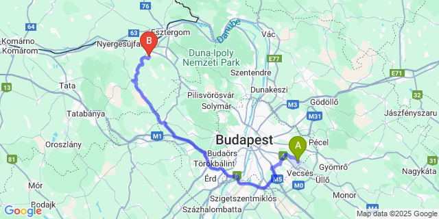 Map: Budapest Airport (BUD), Ferihegy, Liszt Ferenc to Tokod