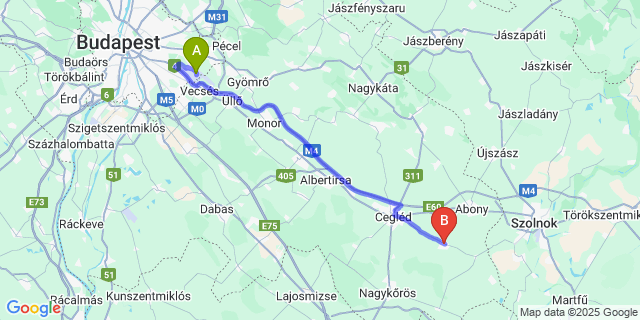 Map: Budapest Airport (BUD), Ferihegy, Liszt Ferenc to Törtel