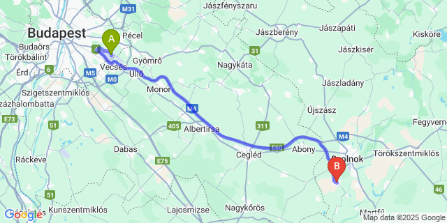 Map: Budapest Airport (BUD), Ferihegy, Liszt Ferenc to Tószeg