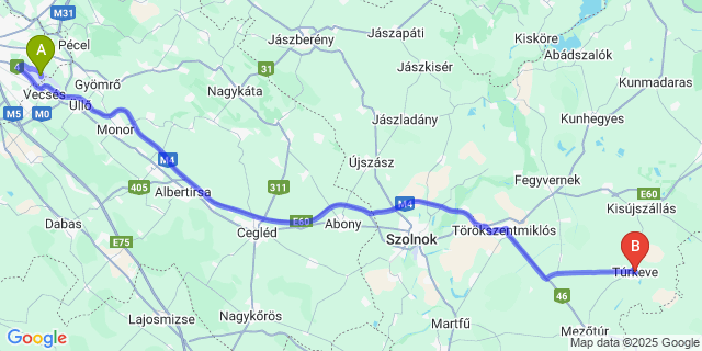 Map: Budapest Airport (BUD), Ferihegy, Liszt Ferenc to Túrkeve