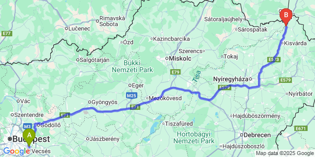 Map: Budapest Airport (BUD), Ferihegy, Liszt Ferenc to Tuzsér