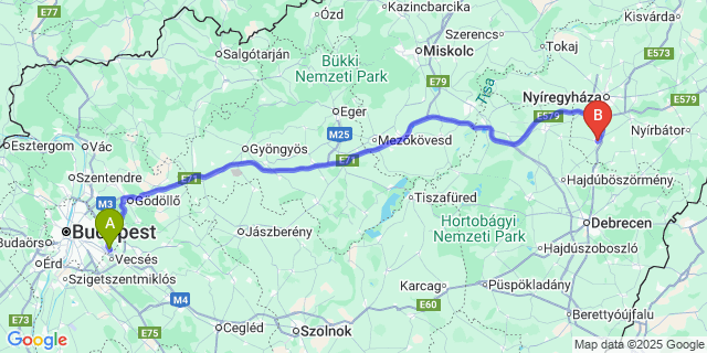 Map: Budapest Airport (BUD), Ferihegy, Liszt Ferenc to Újfehértó