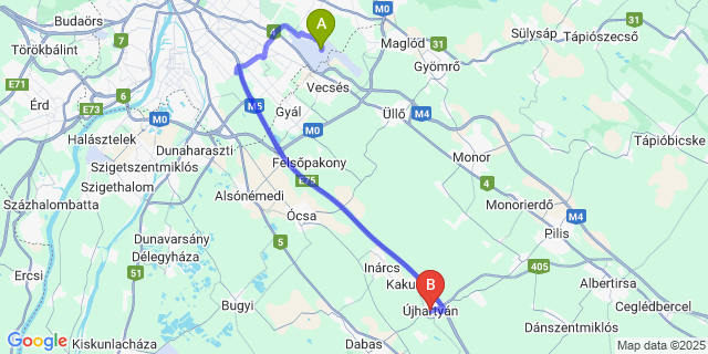 Map: Budapest Airport (BUD), Ferihegy, Liszt Ferenc to Újhartyán
