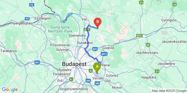 Map: Budapest Airport (BUD), Ferihegy, Liszt Ferenc to Váchartyán