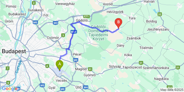 Map: Budapest Airport (BUD), Ferihegy, Liszt Ferenc to Vácszentlászló