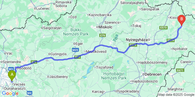 Map: Budapest Airport (BUD), Ferihegy, Liszt Ferenc to Vásárosnamény