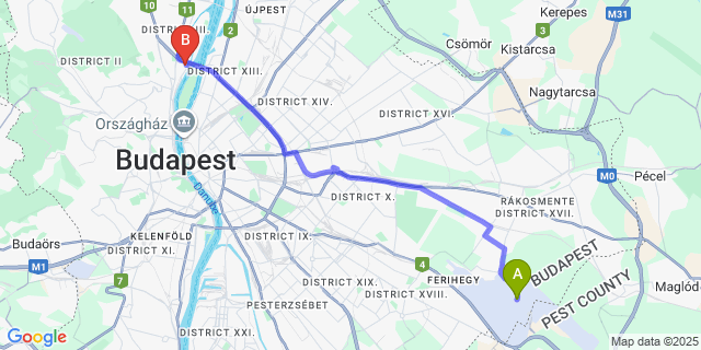 Map: Budapest Airport (BUD), Ferihegy, Liszt Ferenc to Verdi Budapest Aquincum
