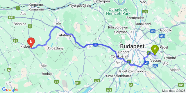Map: Budapest Airport (BUD), Ferihegy, Liszt Ferenc to Vérteskethely