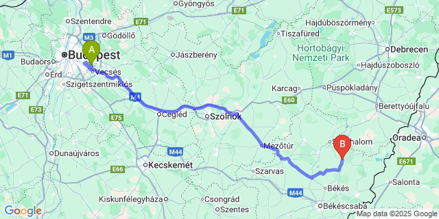 Map: Budapest Airport (BUD), Ferihegy, Liszt Ferenc to Vésztő