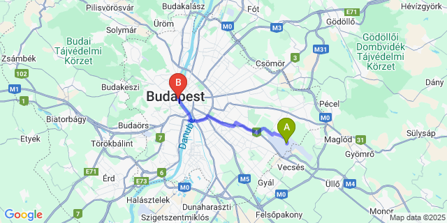 Map: Budapest Airport (BUD), Ferihegy, Liszt Ferenc to W Budapest