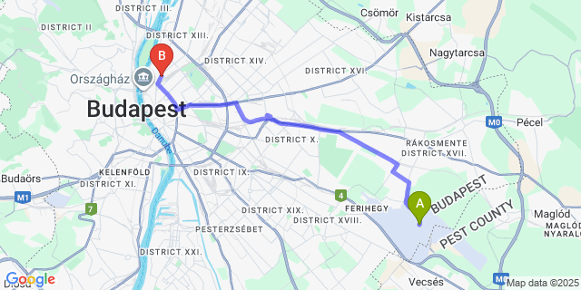 Map: Budapest Airport (BUD), Ferihegy, Liszt Ferenc to Westend Residence Budapest