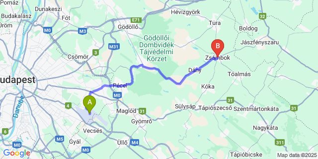 Map: Budapest Airport (BUD), Ferihegy, Liszt Ferenc to Zsámbok