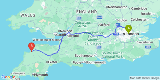 Map: London City Airport (LCY) to Bideford