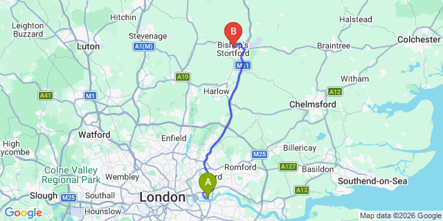 Map: London City Airport (LCY) to Bishops Stortford