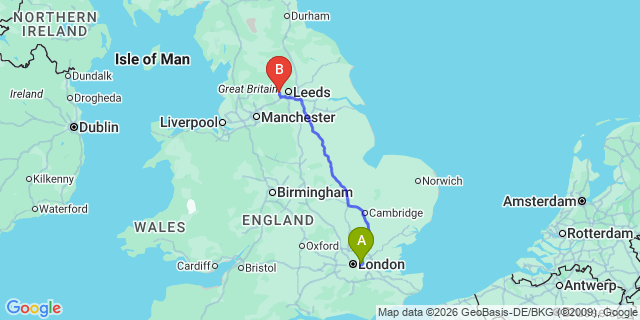 Map: London City Airport (LCY) to Bradford