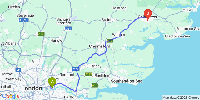 Map: London City Airport (LCY) to Colchester