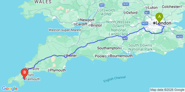 Map: London City Airport (LCY) to Falmouth