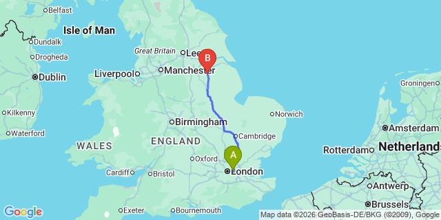 Map: London City Airport (LCY) to Gainsborough