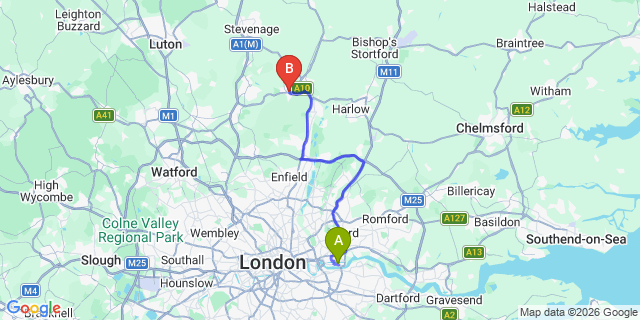 Map: London City Airport (LCY) to Hertford