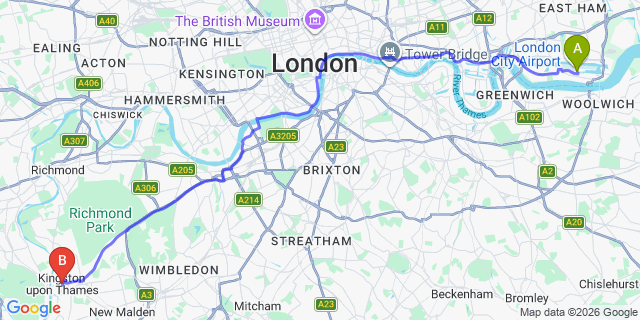 Map: London City Airport (LCY) to Kingston Upon Thames