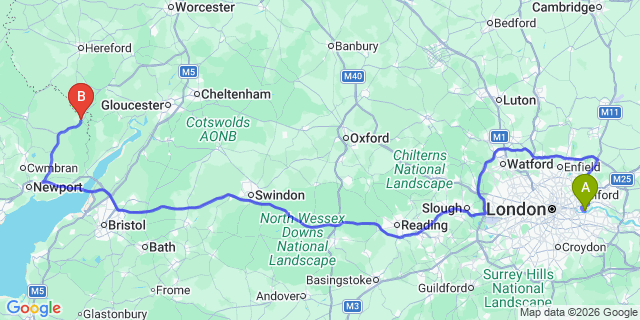 Map: London City Airport (LCY) to Monmouth