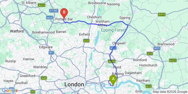 Map: London City Airport (LCY) to Potters Bar