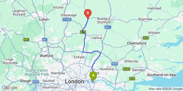Map: London City Airport (LCY) to Waltham Abbey