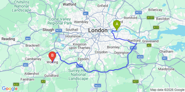 Map: London City Airport (LCY) to Woking
