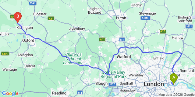 Map: London City Airport (LCY) to Woodstock