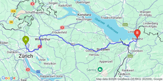 Map: Zurich Airport (ZRH) to Bregenz