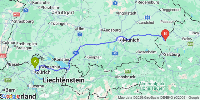 Map: Zurich Airport (ZRH) to Flattach
