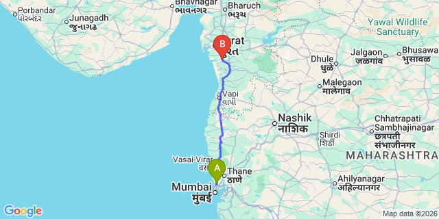 Map: Mumbai Airport (BOM) to Navsari