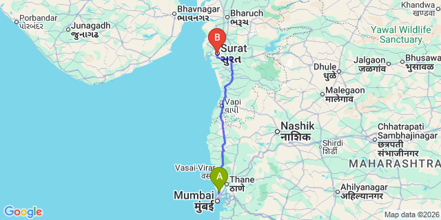 Map: Mumbai Airport (BOM) to Surat