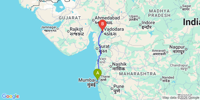 Map: Mumbai Airport (BOM) to Vadodara