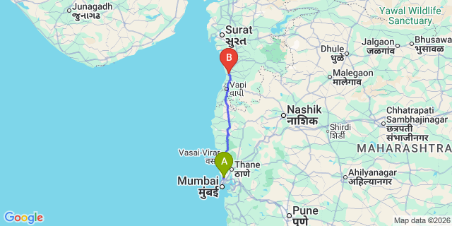 Map: Mumbai Airport (BOM) to Valsad