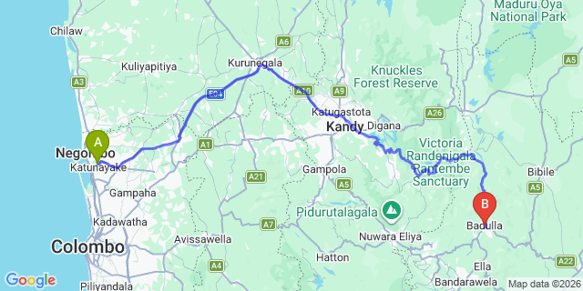 Map: Colombo Airport (CMB) to Badulla