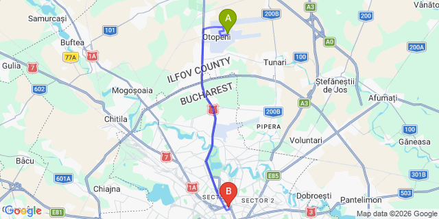 Map: Bucharest Airport (OTP), Henri Coandă to Barrio, Bucharest