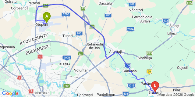 Map: Bucharest Airport (OTP), Henri Coandă to Branesti