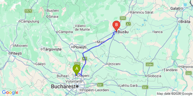 Map: Bucharest Airport (OTP), Henri Coandă to Buzau