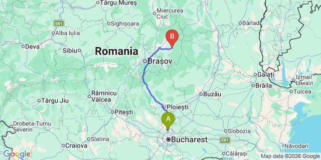 Map: Bucharest Airport (OTP), Henri Coandă to Covasna