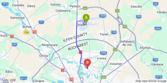 Map: Bucharest Airport (OTP), Henri Coandă to Crystal Palace, Bucharest