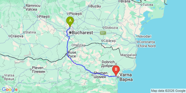 Map: Bucharest Airport (OTP), Henri Coandă to Dobrich
