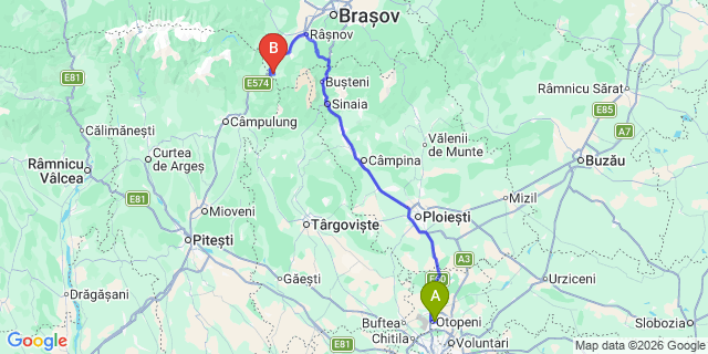 Map: Bucharest Airport (OTP), Henri Coandă to Fundata
