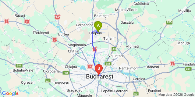 Map: Bucharest Airport (OTP), Henri Coandă to Golden Villa - Old Town, Bucharest
